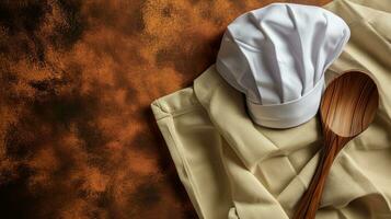 AI generated Chef's white hat and wooden spoon on a beige apron photo