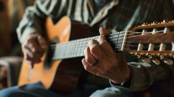 AI generated Person playing guitar, close-up on hands and strings photo