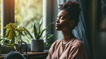 AI generated Woman meditating peacefully by the window photo