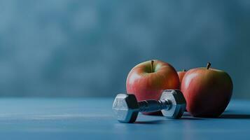 AI generated Two red apples and a dumbbell on a blue surface photo