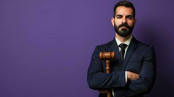 AI generated Confident lawyer with a gavel over a purple background photo
