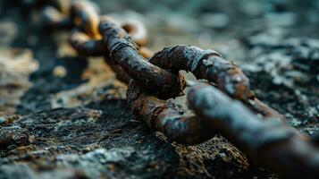 AI generated Close-up of a rusty chain on a rocky surface photo