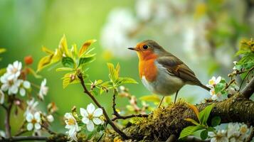 AI generated A robin amidst blossoming spring flowers photo