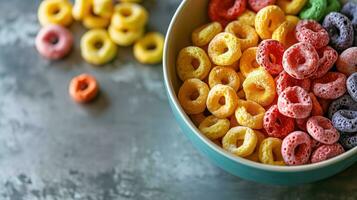 ai generado vistoso cereal anillos en un cuenco en un texturizado mesa foto