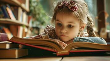 ai generado niña estudiando atentamente en un biblioteca ajuste foto