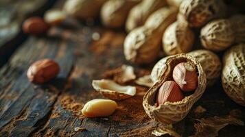 AI generated Peanuts in and out of the shell on a rustic wooden surface photo