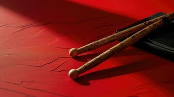 AI generated Drumsticks resting on an electronic drum pad with red texture photo