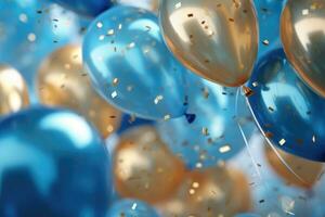 AI generated Party balloons Background , golden and blue balloons background with confetti and bokeh backgrounds Ai generated photo