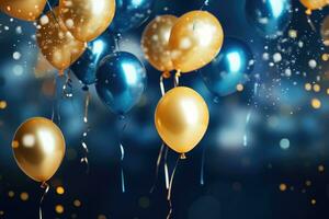 AI generated Party balloons Background , golden and blue balloons background with confetti and bokeh backgrounds Ai generated photo