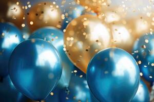 AI generated Party balloons Background , golden and blue balloons background with confetti and bokeh backgrounds Ai generated photo