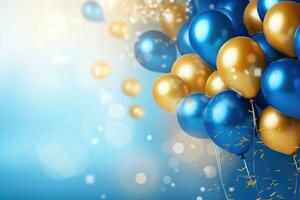 AI generated Party balloons Background , golden and blue balloons background with confetti and bokeh backgrounds Ai generated photo