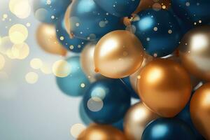 AI generated Party balloons Background , golden and blue balloons background with confetti and bokeh backgrounds Ai generated photo