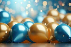 ai generado fiesta globos antecedentes , dorado y azul globos antecedentes con papel picado y bokeh antecedentes ai generado foto