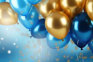 AI generated Party balloons Background , golden and blue balloons background with confetti and bokeh backgrounds Ai generated photo