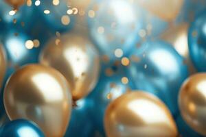 AI generated Balloons Background Decoration , golden and blue balloons background with confetti and bokeh backgrounds Ai generated photo