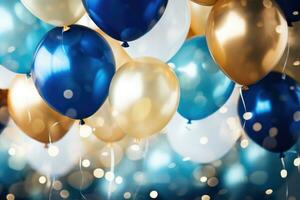 AI generated Party balloons Background , golden and blue balloons background with confetti and bokeh backgrounds Ai generated photo