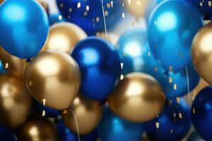 AI generated Party balloons Background , golden and blue balloons background with confetti and bokeh backgrounds Ai generated photo