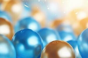 AI generated Birthday party balloons, golden and blue balloons background with confetti and bokeh backgrounds Ai generated photo