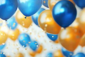 AI generated Balloons Background Decoration , golden and blue balloons background with confetti and bokeh backgrounds Ai generated photo
