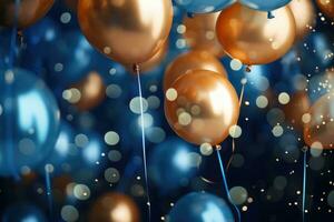 AI generated Party balloons Background , golden and blue balloons background with confetti and bokeh backgrounds Ai generated photo