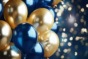 AI generated Party balloons Background , golden and blue balloons background with confetti and bokeh backgrounds Ai generated photo