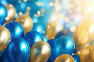 AI generated Party balloons Background , golden and blue balloons background with confetti and bokeh backgrounds Ai generated photo