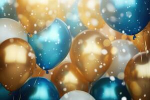 AI generated Party balloons Background , golden and blue balloons background with confetti and bokeh backgrounds Ai generated photo