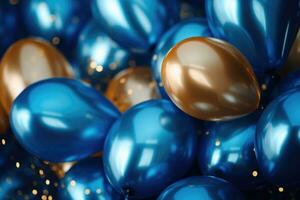 AI generated Party balloons Background , golden and blue balloons background with confetti and bokeh backgrounds Ai generated photo