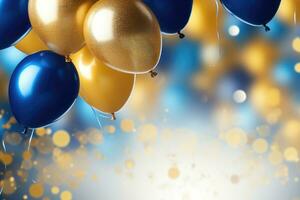 AI generated Party balloons Background , golden and blue balloons background with confetti and bokeh backgrounds Ai generated photo