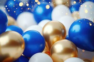 AI generated Party balloons Background , golden and blue balloons background with confetti and bokeh backgrounds Ai generated photo