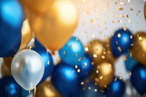 AI generated Birthday party balloons, golden and blue balloons background with confetti and bokeh backgrounds Ai generated photo