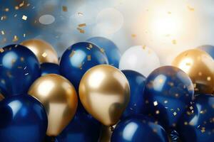 AI generated Balloons Background Decoration , golden and blue balloons background with confetti and bokeh backgrounds Ai generated photo