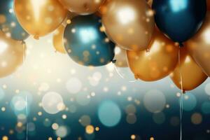 AI generated Birthday party balloons, golden and blue balloons background with confetti and bokeh backgrounds Ai generated photo