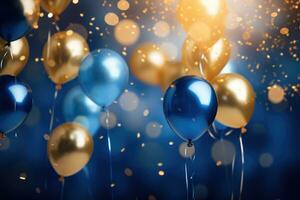 AI generated Party balloons Background , golden and blue balloons background with confetti and bokeh backgrounds Ai generated photo