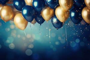 AI generated Party balloons Background , golden and blue balloons background with confetti and bokeh backgrounds Ai generated photo