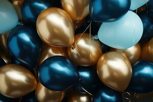 AI generated Balloons Background Decoration , golden and blue balloons background with confetti and bokeh backgrounds Ai generated photo