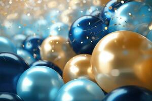 AI generated Balloons Background Decoration , golden and blue balloons background with confetti and bokeh backgrounds Ai generated photo