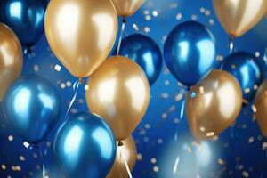 AI generated Balloons Background Decoration , golden and blue balloons background with confetti and bokeh backgrounds Ai generated photo