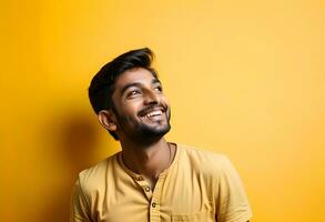 AI generated Happy joyful smiling young indian man looking aside up thinking photo