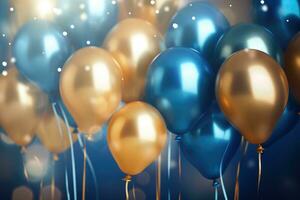 ai generado cumpleaños fiesta globos, dorado y azul globos antecedentes con papel picado y bokeh antecedentes ai generado foto