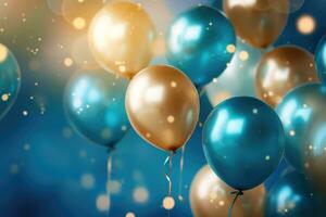 AI generated Party balloons Background , golden and blue balloons background with confetti and bokeh backgrounds Ai generated photo