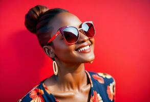 ai generado hermosa mujer vistiendo elegante Gafas de sol y sonriente en contra rojo antecedentes foto