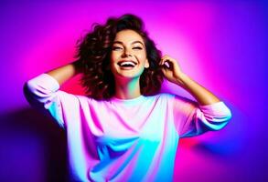 AI generated Smiling. Portrait of female fashion model in cotton shirt isolated photo