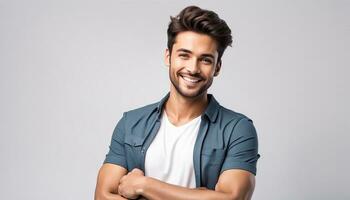 ai generado joven, hermoso y simpático cara hombre sonrisa, vestido por casualidad con contento y seguro de sí mismo foto