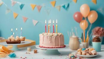 AI generated Birthday cake with candles and sweets on white table near blue wall photo