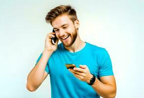 AI generated Happy caucasian young man using smart phone cellphone for calls photo