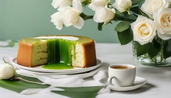 AI generated Pandan cake slices with brown sugar sauce on a white plate and fork, mug, white roses on the table. photo