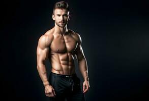 AI generated Slim muscular male model at black background. photo