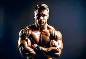 AI generated Portrait of man, bodybuilder and bicep flex in studio, photo