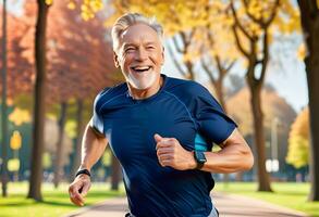 AI generated Portrait of a senior man in fitness wear running in a park. photo